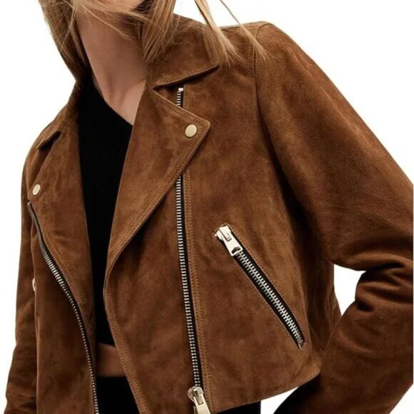 NWT AllSaints Dalby Cropped Suede Biker Jacket (SUGAR BROWN) US 10 - Picture 5 of 10